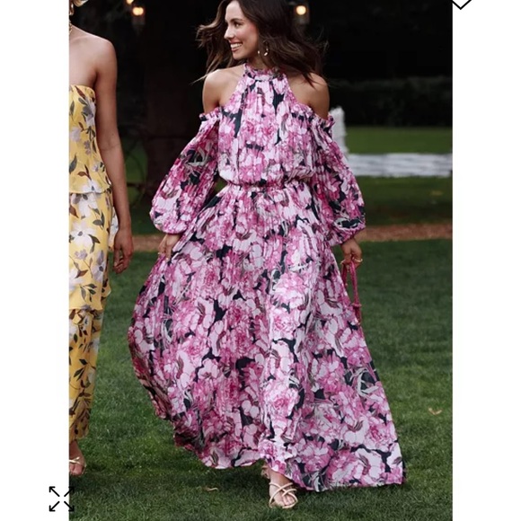Petal and Pup Floral Hilary Pleated Maxi Cold Shoulder Long Sleeve Dress L - Picture 4 of 6